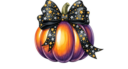 Orange and purple pumpkin with shiny surface, decorated with black ribbon featuring gold and silver stars, festive and whimsical for autumn or Halloween celebration