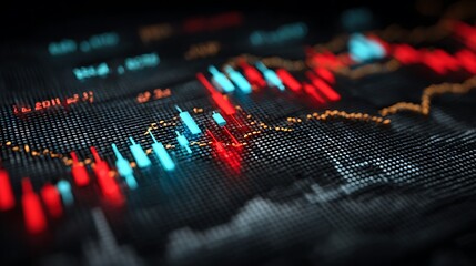 Dynamic stock market data displays financial trends with vibrant red and blue graphs