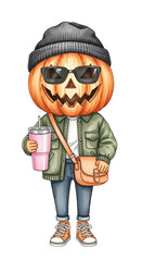Pumpkin head character wearing sunglasses, gray beanie, green jacket, jeans, and orange sneakers, holding pink drink and crossbody bag, casual autumn street style