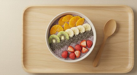 Smoothie Bowl on Wooden Tray with Natural Pastel Tones