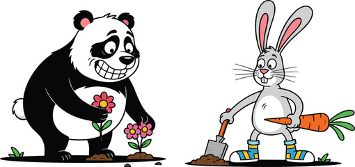 Cartoon panda planting flowers, rabbit holding carrot, cute animals gardening, springtime illustration, children art, colorful nature scene, playful characters © MDALRAFIN