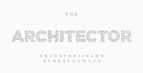 Architectural project font, technical draw style alphabet. Geometrical typography. Wireframe letters, typographic design with draft strokes for architecture logo and headline. Isolated vector typeset
