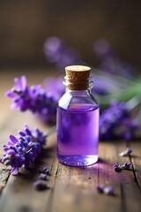Calming Lavender Essential Oil Rustic Wooden Setting with Fresh Flowers