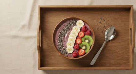 Smoothie Bowl on Wooden Tray with Natural Pastel Tones