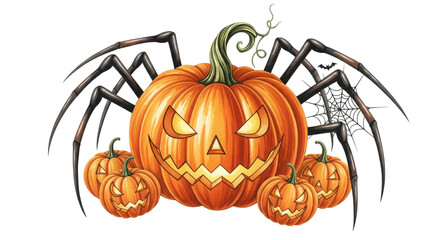 Spooky pumpkin Halloween pumpkin carved pumpkin scary face spider leg web orange vegetable autumn creepy festive illustration. Spooky pumpkin with carved scary face and spider legs surrounded by
