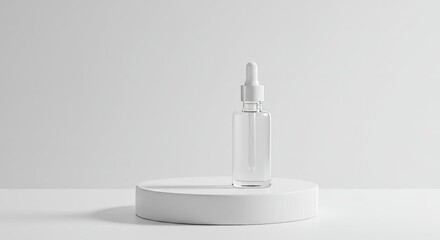 Skincare Glass Dropper on White Pedestal with Clean Background