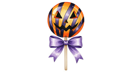 Halloween lollipop with jack o lantern face, orange and black stripes, and purple ribbon bow, festive and playful treat for autumn celebrations and parties