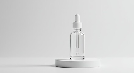 Skincare Glass Dropper on White Pedestal with Clean Background