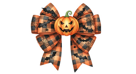 Orange black plaid bow jack o lantern center spider web pattern Halloween decoration festive cheerful autumn ribbon holiday celebration