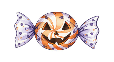 Halloween candy with jack o lantern face, orange and white swirl pattern, purple star and dot wrapper, festive and playful design for holiday celebration