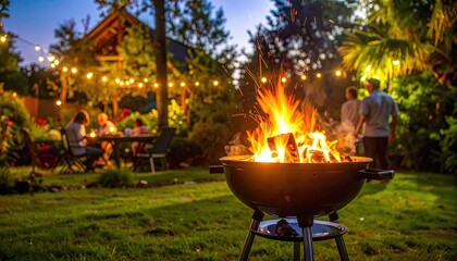 Vibrant Backyard Barbecue Under String Lights with Friends on Summer Evening