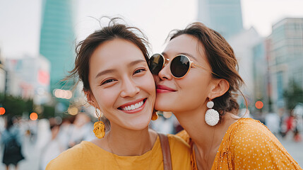 Smiling women besties are  in stylish outfits enjoying sunny day in city. Their joyful s and fashionable accessories create vibrant enjoyable moment 