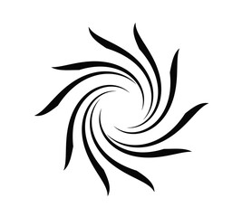 Abstract black spiral swirl shape, rotating curved lines forming circular vortex pattern, minimalist dynamic motion design, modern vector illustration for logo, tattoo, or graphic art