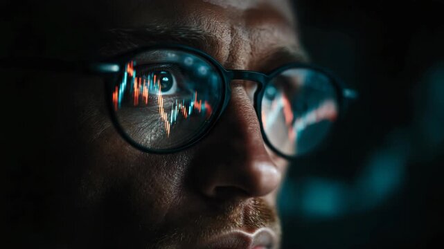 Close-up of man's face wearing glasses with stock market chart reflections, realistic style, dark background, concept of financial analysis