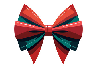 Illustration of a shiny red and green decorative bow. Glossy ribbon with highlights, elegant holiday accessory isolated on white background, perfect for Christmas design, gift wrapping, cards