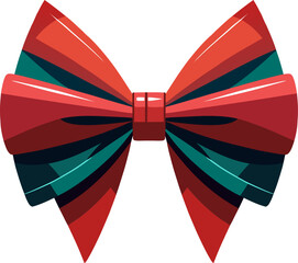 Vector illustration of a shiny red and green decorative bow. Glossy ribbon with highlights, elegant holiday accessory isolated on white background, perfect for Christmas design, gift wrapping, cards