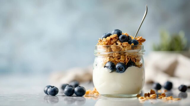 Yogurt parfait topped with fresh blueberries and granola in a glass jar, natural light, on a soft blue background. Concept of healthy breakfast