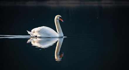 Majestic White Swan Glides Gracefully Across Calm Lake Waters