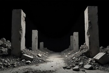 Crumbling Concrete Ruins Against Black Apocalyptic Urban Decay and Devastation Photography
