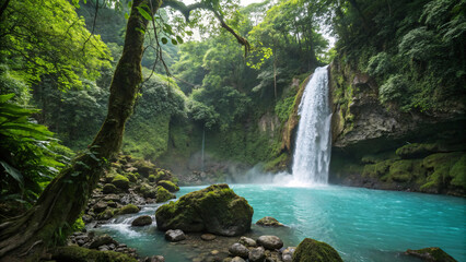 Dramatic waterfall descending into azure pool surrounded by dense jungle, moss-covered boulders, and misty tropical forest atmosphere.