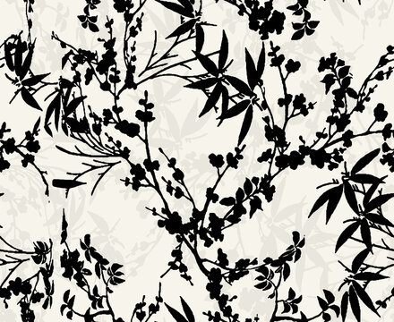 floral seamless pattern, black and white abstract bloom texture textile 
