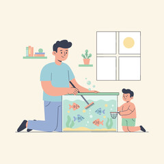 Man and boy happily cleaning aquarium illustrating pet care family bonding and home life