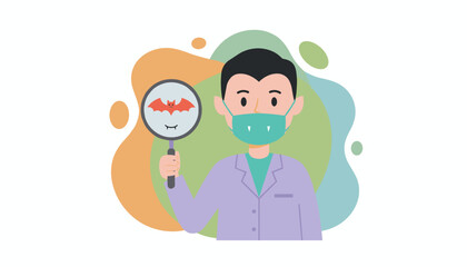 Professional in vampire mask examines bat with magnifying glass for Halloween