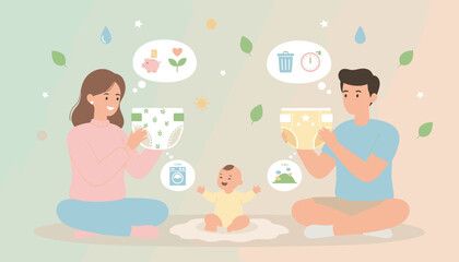 Parents compare reusable and disposable diapers for their baby considering sustainability cost and convenience
