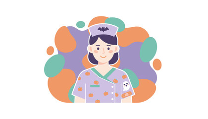 Friendly nurse in Halloweenthemed scrubs with pumpkins bat ghost and bandage Festive healthcare