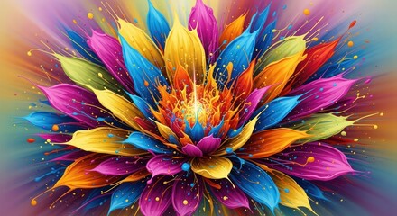 Obraz premium A vibrant, colorful, abstract flower with splashes of rainbow colors, set against a gradient background.