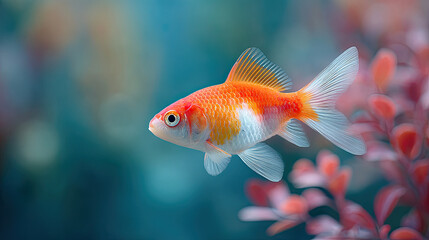 vibrant goldfish with big eyes swims gracefully among colorful aquatic plants, creating lively underwater scene. bright orange and white colors of fish contrast beautifully with soft hues of
