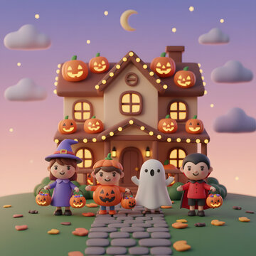Cute 3D Clay-Style Halloween house scene with children trick-or-treating in front of a pumpkin-decorated home at dusk.
