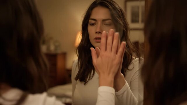 A thoughtful woman views herself in a mirror, touching her own image with her hand.
