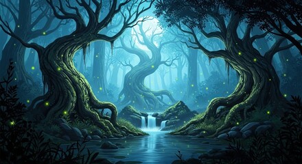 Enchanted Ancient Forest With Mystical Glowing Trees and Waterfall