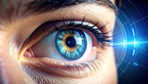 Close Up of Human Eye with Blue and Gold Iris Detail and Futuristic Geometric Overlay on Dark Background Ophthalmology and Visual Technology