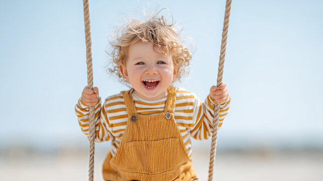 Joyful child swinging on sunny day, on the beach  wearing striped shirt and overalls, radiating happiness and laughter