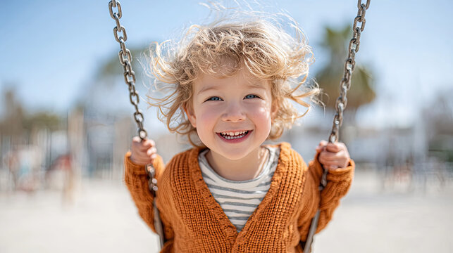 child joyfully swings on playground, smiling brightly with curly hair. sunny day on the beach , playground cheerful , making it perfect moment of happiness