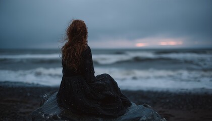 A woman in a black dress with red hair sits on a rock gazing at the ocean under a moody, cloudy sky.