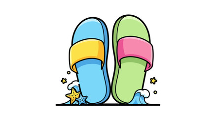 Colorful Beach Flip-Flops with Starfish and Waves.