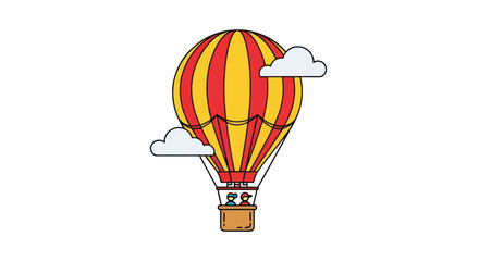 Colorful hot air balloon with passengers floating among clouds. © Leo