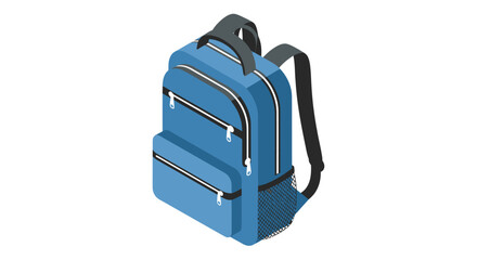 Isometric Blue Backpack with Black Straps and Zippers.