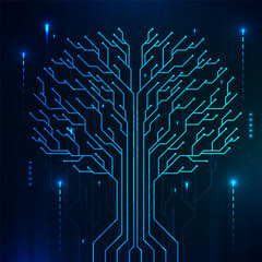 Abstract futuristic digital tree made of glowing blue circuit lines representing artificial intelligence, innovation, data network, and technology growth concept.