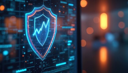 Digital shield icon on computer screen. Cybersecurity concept with blue, orange neon light. Data protection symbol in high-tech environment. Modern security graphic design. Close-up view of safety