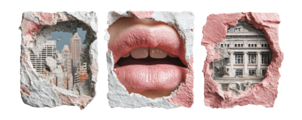 Abstract Art with Cracked Walls and Lips Revealing Urban Backgrounds