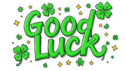Cheerful hand-lettered “Good Luck” design in green with four-leaf clovers and yellow stars, doodle style illustration.