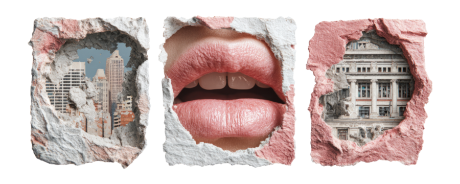 Abstract Art with Cracked Walls and Lips Revealing Urban Backgrounds