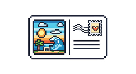 A pixel art postcard featuring a vibrant tropical beach scene with a large ocean wave and a heart stamp.