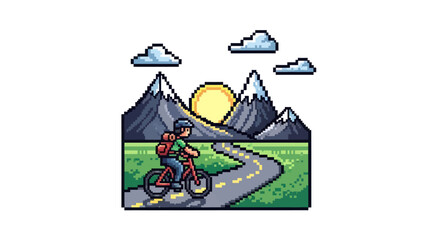 Pixel Art Cyclist Riding Through Mountainous Landscape with Sun.