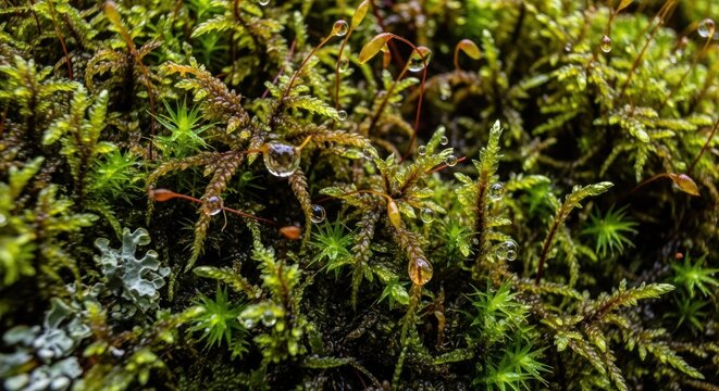 Green moss with water droplets on it, with a background of green moss and leaves. - Powered by Adobe