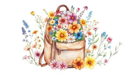 Whimsical watercolor illustration of a backpack filled with colorful blooming wildflowers, bright and playful design.